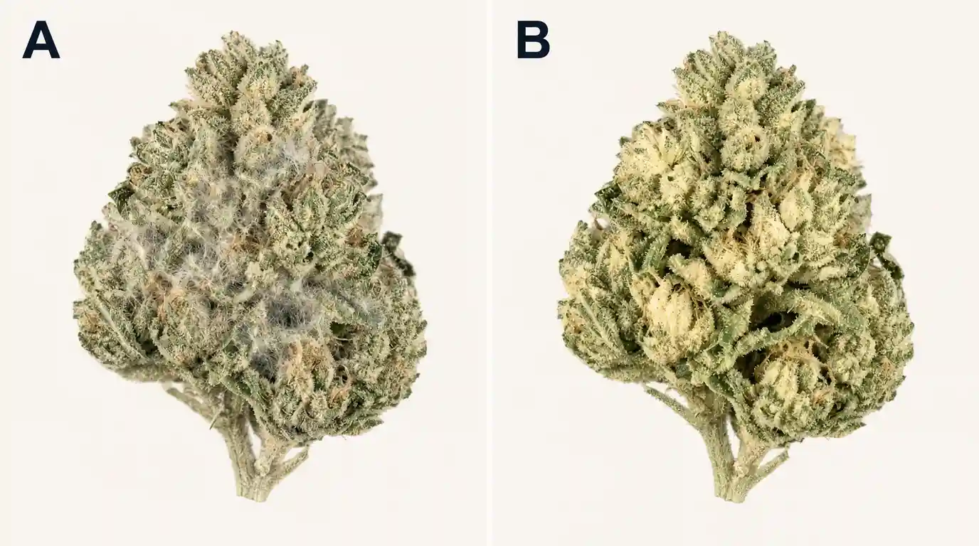 Vergleich zweier Cannabisblüten mit Schimmelbefall und Lichtbleiche