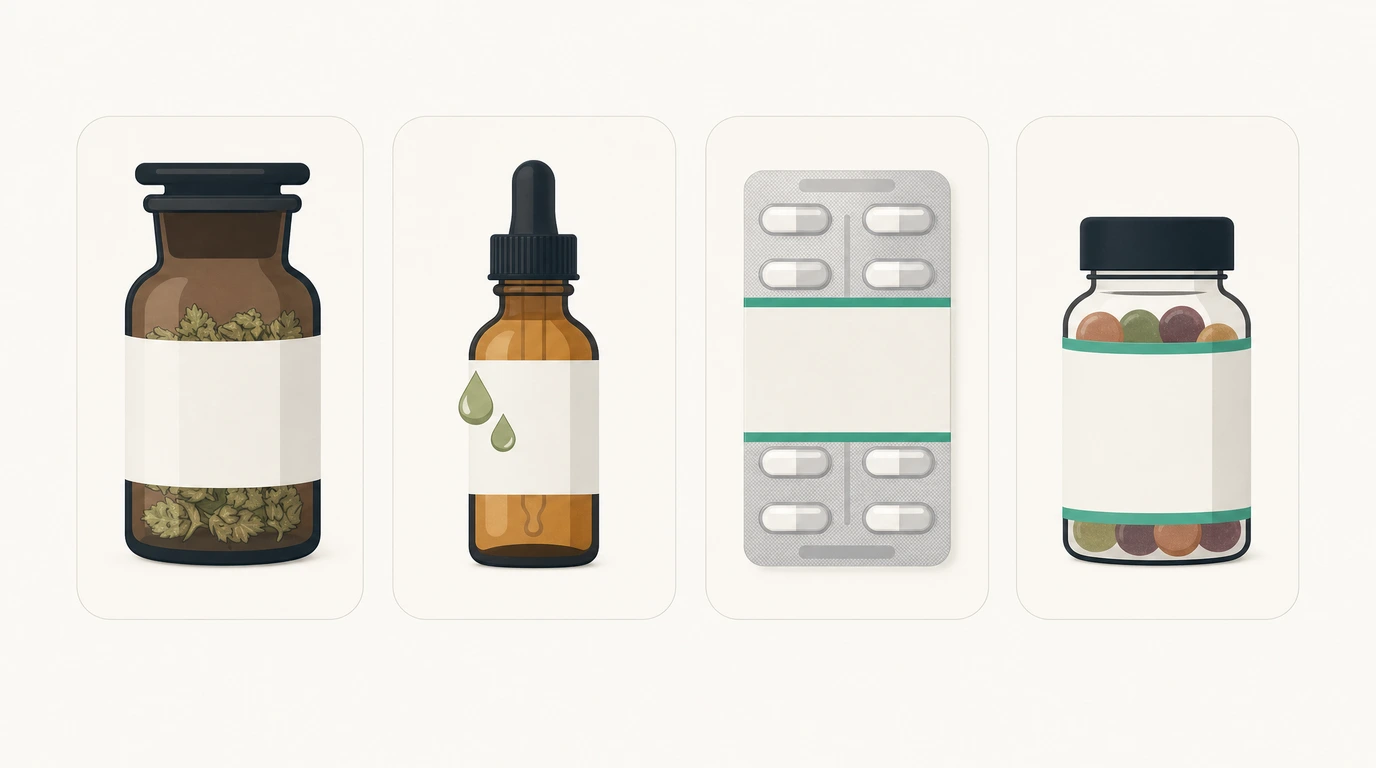 Vier Darreichungsformen von medizinischem Cannabis nebeneinander: Glasdose mit Blüten, Tropfflasche mit Öl, Kapselblister und essbare Form.