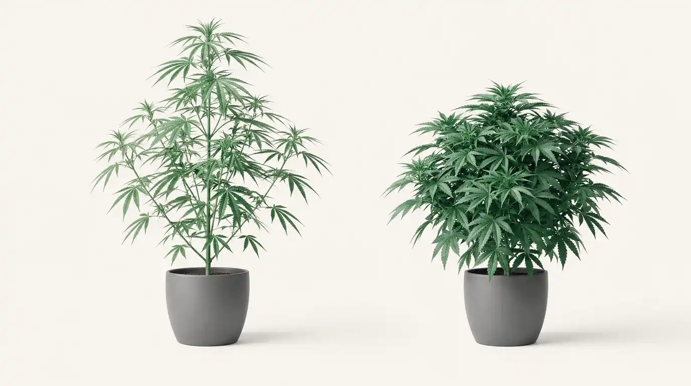 Vergleich zweier Cannabispflanzen: links hochwüchsiger schlanker Phänotyp, rechts kompakter buschiger Phänotyp