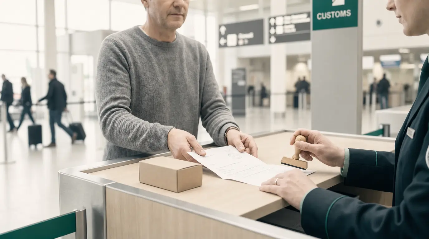 Reisende:r legt Reisebescheinigung und Apothekenverpackung am Zollschalter vor