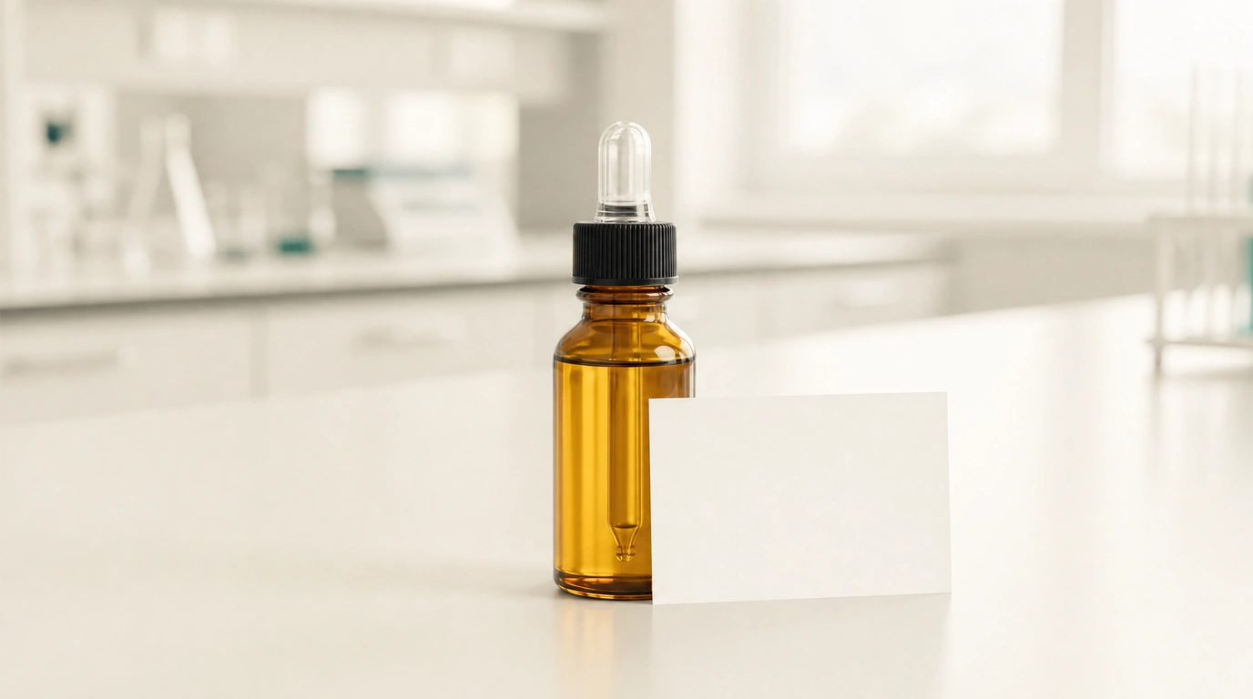 Braunglasflasche mit öligem Cannabisextrakt auf einer Laborarbeitsfläche