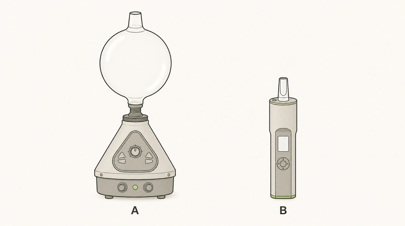 Vergleich zwischen einem stationären Tisch-Vaporizer mit Ventilballon und einem tragbaren Hand-Vaporizer.