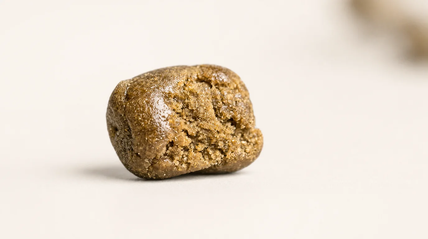 Bräunlich-goldenes Bubble Hash mit körniger, sandartiger Konsistenz