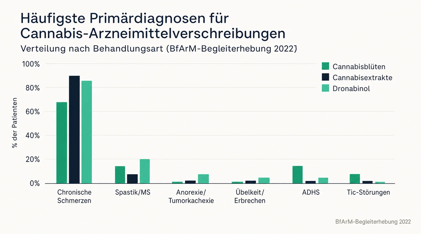 Balkendiagramm der häufigsten Diagnosen bei Cannabisarzneimittel-Verordnungen in Deutschland, mit Schmerz als häufigster Indikation