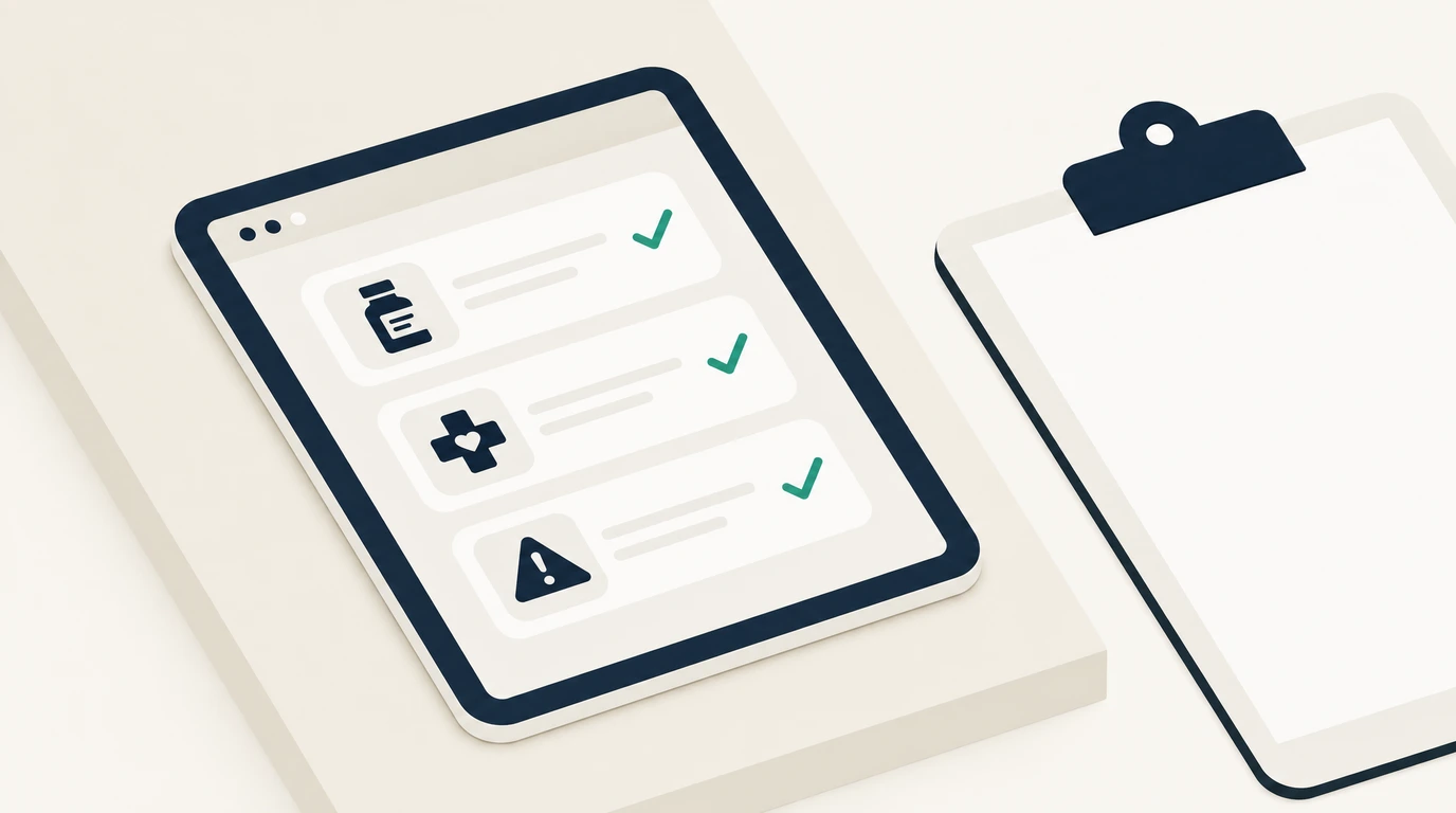 Illustration einer digitalen Checkliste für die Vorbereitung auf eine Cannabis-Therapie mit Medikationsliste und Vorerkrankungen