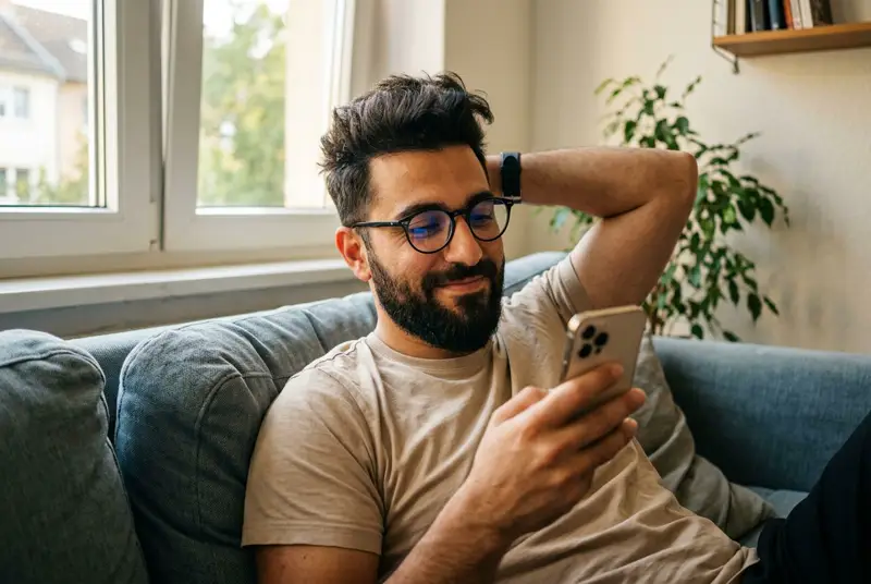Patient zu Hause auf dem Sofa mit dem Smartphone